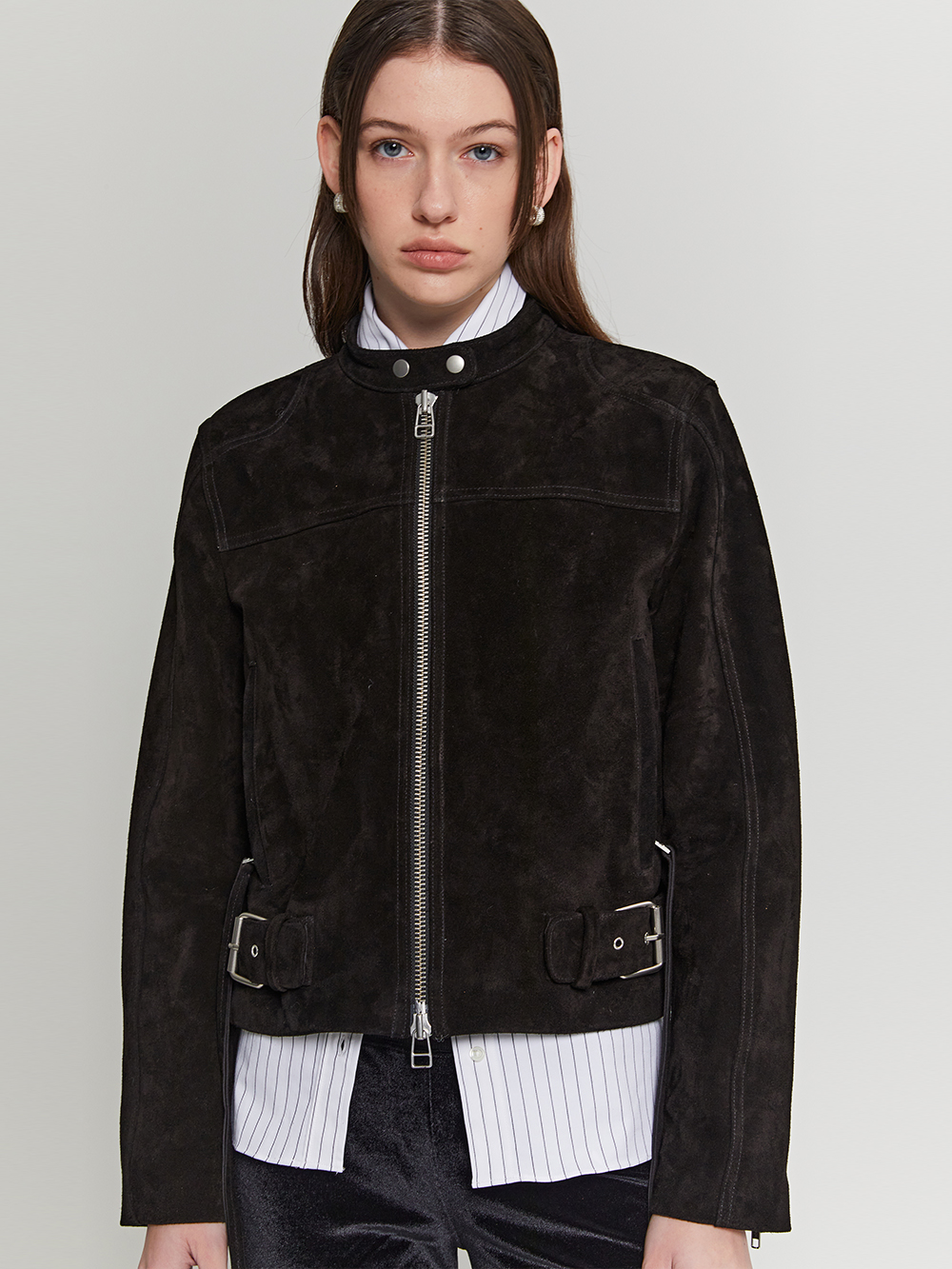 Calf Suede Zip Leather Jacket (Black)